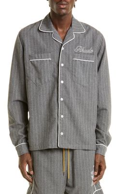 Rhude Embroidered Logo Pajama Long Sleeve Button-Up Shirt in Grey Stirpes 0804