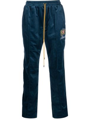 Rhude embroidered velvet track pants - Blue