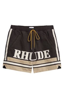 Rhude Logo Embroidered Cotton Shorts in Black/Khaki