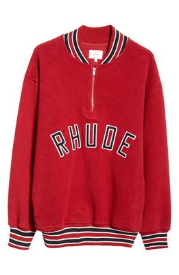 Rhude Logo Patch Quarter Zip Varsity Pullover in Vintage Red