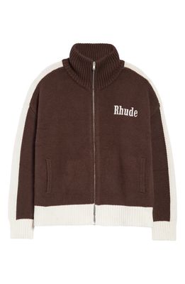 Rhude Logo Wool & Cashmere Knit Track Jacket in Brown/White
