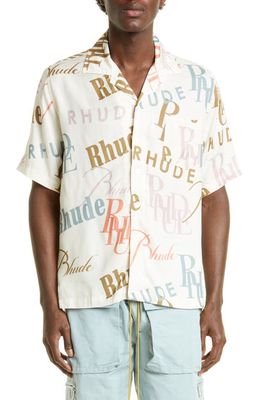 Rhude Mash-Up Logo Print Camp Shirt in Cream/Multi