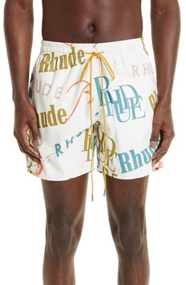 Rhude Mash-Up Logo Print Swim Trunks in Creme/Multi