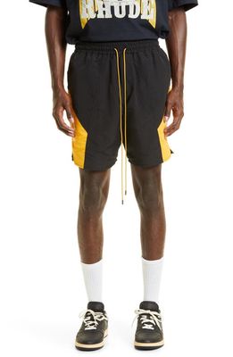 Rhude Men's Colorblock Embroidered Logo Shorts in Black/Yellow