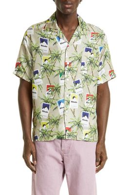 Rhude Palm Tree & Cigarette Print Silk Button-Up Camp Shirt in Taupe/Multi 1386