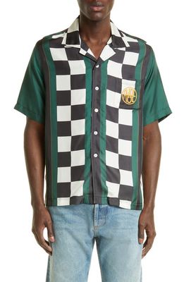 Rhude Race Flag Logo Embroidered Silk Button-Up Camp Shirt in Forest/Black/White 1384