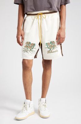 Rhude Souvenir Satin Shorts in Ivory/Brown