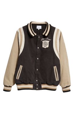 Rhude Washed Cotton Canvas Varsity Jacket in Brown/Crme