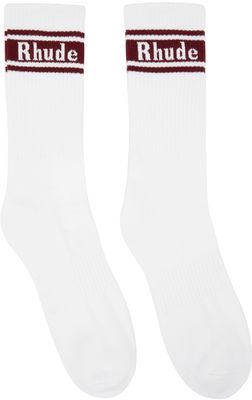 Rhude White & Burgundy Stripe Logo Socks
