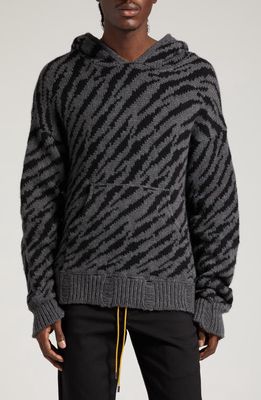 Rhude Zebra Stripe Wool & Cashmere Sweater Hoodie in Black/Charcoal