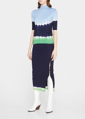 Rib Pencil Wool-Cashmere Midi Skirt with Tie-Dye Hem