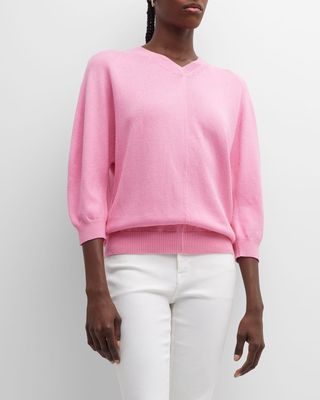 Ribbed Blouson-Sleeve V-Neck Sweater