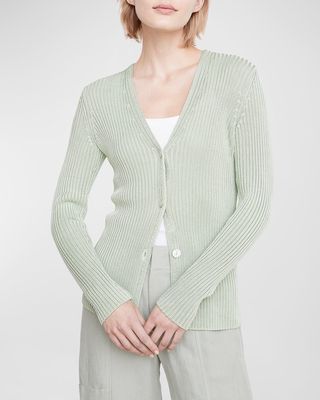 Ribbed Button-Front Cutaway Cardigan
