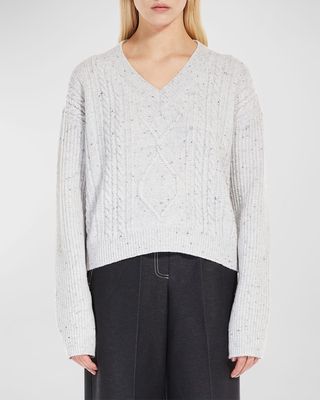 Ribbed Cable-Knit V-Neck Sweater
