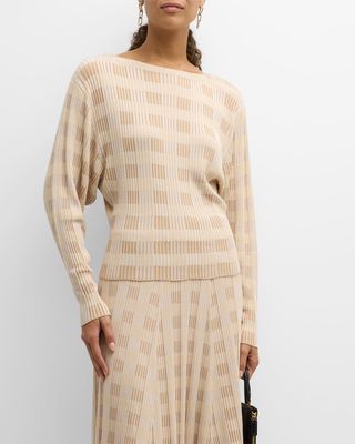 Ribbed Check-Print Dolman-Sleeve Sweater