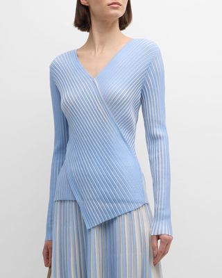 Ribbed Colorblock Faux Wrap Sweater