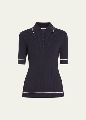 Ribbed Elbow-Sleeve Polo T-Shirt