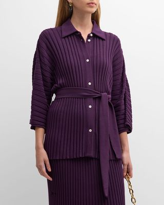 Ribbed Intarsia Knit Button-Down Tunic