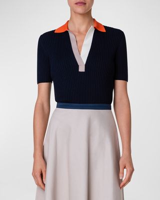 Ribbed Knit Wool Polo Top with Colorblock Collar