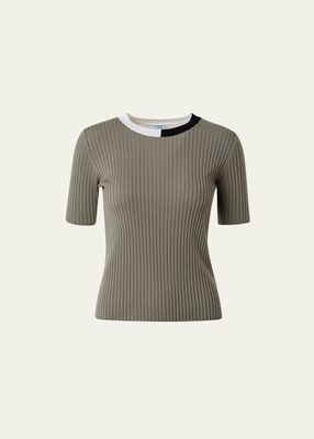 Ribbed Knit Wool Top with Colorblock Collar