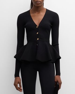 Ribbed Peplum Cardigan with Gold-Tone Buttons