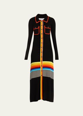 Ribbed Stripe Polo Dress with Patch Pockets