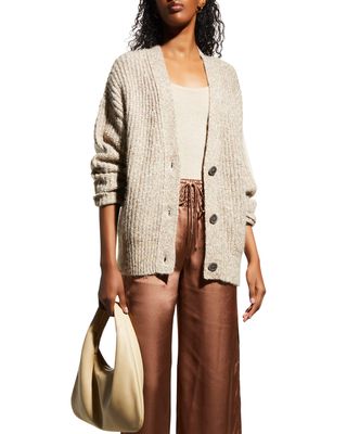 Ribbed Two-Tone Button-Down Cardigan
