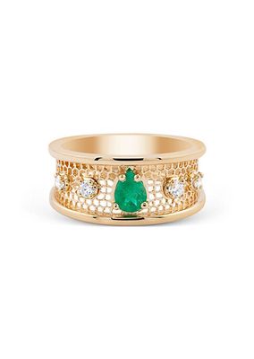 Ricami 18K Yellow Gold, 0.15 TCW Diamond & Emerald Ring