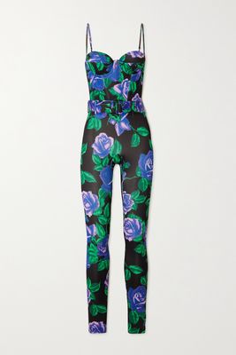 Richard Quinn - Belted Floral-print Stretch-satin Jumpsuit - Blue