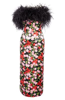 Richard Quinn Feather Trim Rose Print Satin Midi Dress in D - Grace