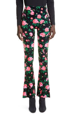 Richard Quinn Floral Print Flare Leg Stretch Velour Pants in Rouge