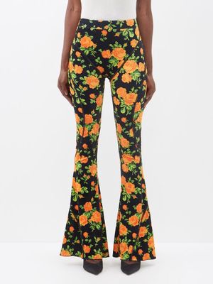 Richard Quinn - Floral-print Stretch-velour Flared Leggings - Womens - Orange Black