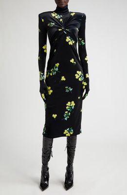 Richard Quinn Floral Print Turtleneck Glove Sleeve Velvet Midi Dress in Buttercup
