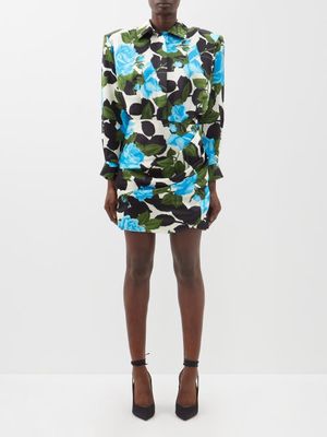 Richard Quinn - Gathered Floral-print Silk-crepe Shirt Dress - Womens - Blue Print