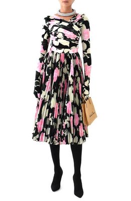 Richard Quinn Kylie Pleated Glove Sleeve Floral Print Dress in Black/Pink