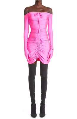 Richard Quinn Ruched Glove Sleeve Off the Shoulder Dress in Fuchsia Pink