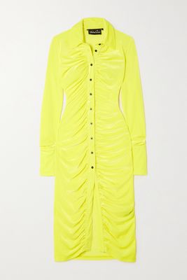 Richard Quinn - Ruched Neon Stretch-velvet Midi Shirt Dress - Yellow