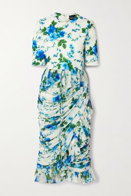 Richard Quinn - Ruffled Ruched Floral-print Crepe De Chine And Jersey Dress - Blue