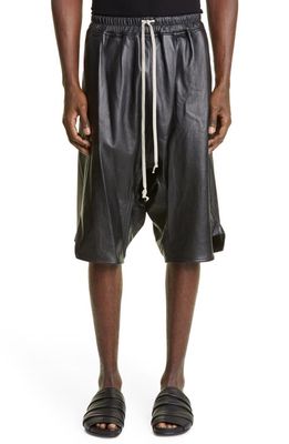Rick Owens Basket Drop Crotch Leather Shorts in Black