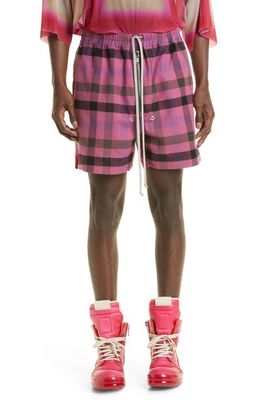 Rick Owens Bela Plaid Cotton & Cupro Boxer Shorts in Hot Pink Plaid/Fuchsia Plaid