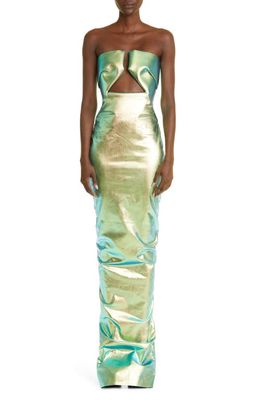 Rick Owens Prong Iridescent Keyhole Cutout Coated Denim Strapless Gown