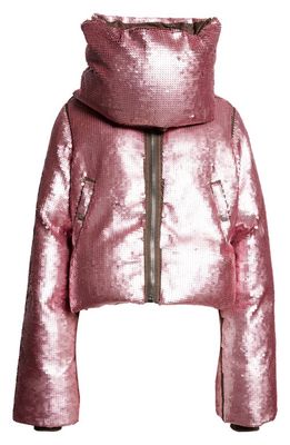 Rick Owens Sequin Funnel Neck Down Jacket in Dust/Pink