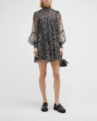 Rika Puff-Sleeve Shirred Mesh Mini Dress
