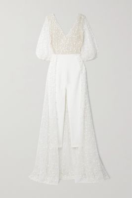 Rime Arodaky - Stella Embellished Embroidered Tulle And Crepe Jumpsuit - White