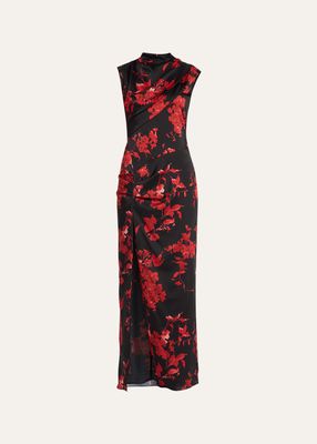 Ringer Floral-Print Draped Evening Gown