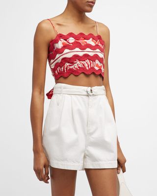 Rio Tiles Embroidered Tie-Back Crop Top