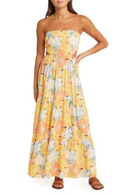 Rip Curl Sunrise Session Floral Cutout Smocked Strapless Sundress in Yellow/Dusty Blue