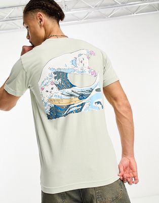 RIPNDIP great wave t-shirt in sage with chest and back print-Green