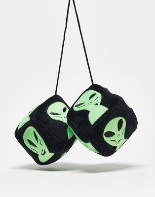 RIPNDIP we out here fuzzy dice in black with embroidered aliens
