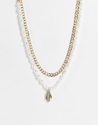 River Island 2-pack shell and faux pearl necklaces in gold tone